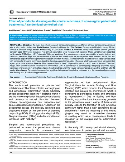 Pdf Effect Of Periodontal Dressing On The Clinical Outcomes Of Non