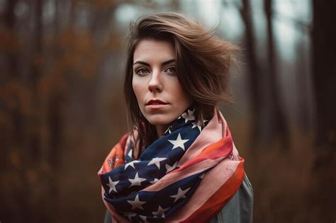 Premium AI Image | Beautiful young woman wearing a american flag scarf