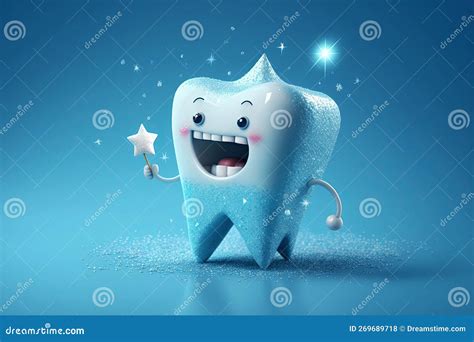 Sparkling Happy Healthy Tooth On Blue Background Cartoon Character