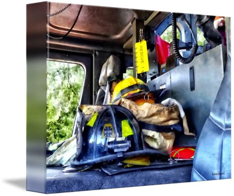 Two Firefighters Helmets Inside Fire Truck By Susan Savad Fire