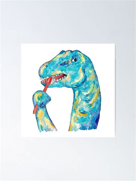 Brontosaurus Brushing Teeth Dinosaur Painting Watercolour Poster For