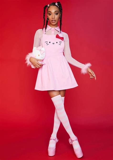 Dolls Kill Hello Kitty Graphic Face Overall Mini Dress Pastel Pink