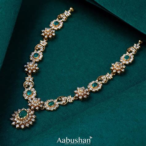 Diamond Necklace With Green Stones - South India Jewels