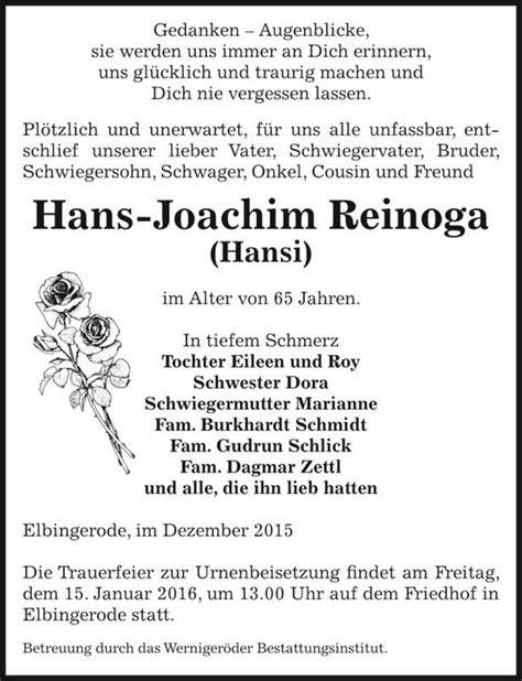 Traueranzeigen Von Hans Joachim Reinoga Hansi Abschied Nehmen De