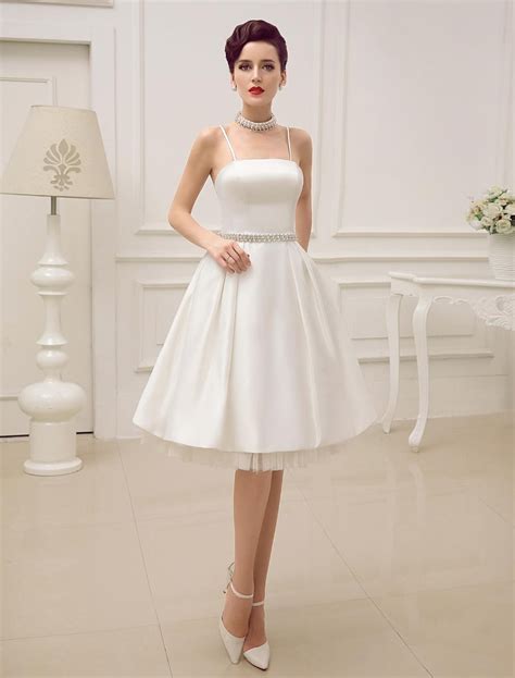 Short Wedding Dress With Pearls At Waist Vintage Spaghetti Straps Backless Satin Bridal Dress