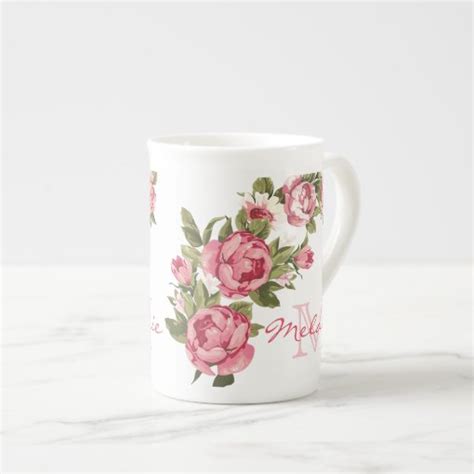 Vintage Blush Pink Roses Peonies Name Monogram Bone China Mug Zazzle