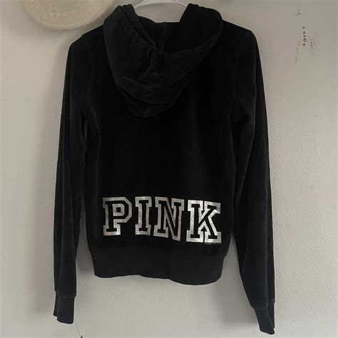 Velour Victoria secret pink hoodie Black Size extra... - Depop