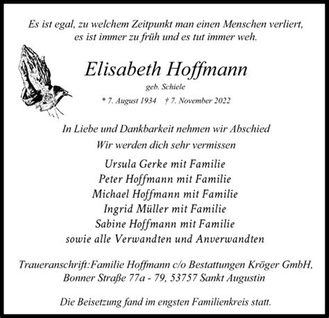 Traueranzeigen Von Elisabeth Hoffmann WirTrauern