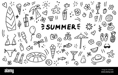 Summer Doodles Icon Set Hand Drawn Lines Cartoon Icons Collection Vector Illustration Stock