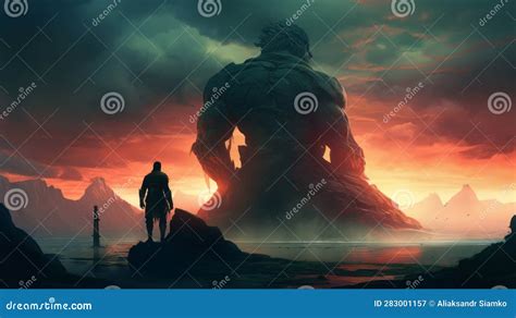 Fantasy Art Landscape With Giant Statue Digital Illustration