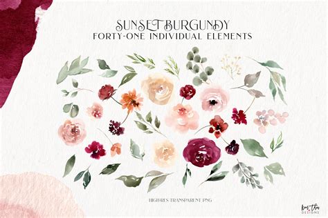 Sunset Burgundy Autumn Floral Elements Watercolor Clipart Etsy