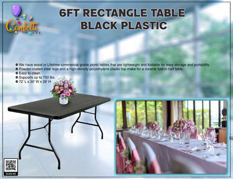 6ft Rectangle Table Black Plastic Confetti House Inflatable Rentals