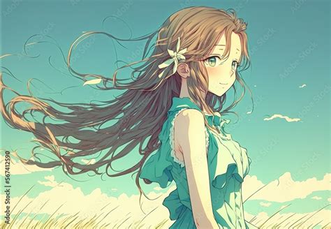 a sad looking anime girl standing in a field, wind blowing, generative ai technology Stock ...