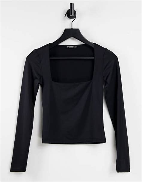 Stradivarius Square Neck Long Sleeve Jersey Top In Black Asos