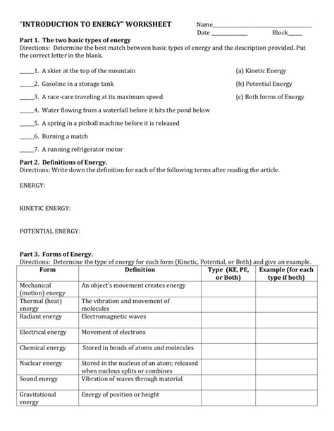 Introduction To Energy Worksheet Answer Key Db Excel