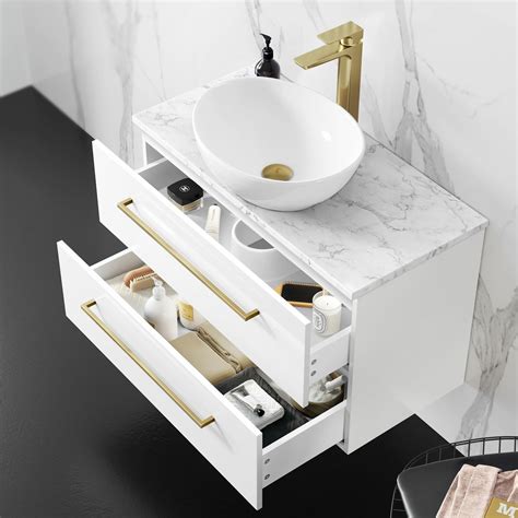 Elba Gloss White Wall Hung Drawer Vanity With Marble Top Oval Counter