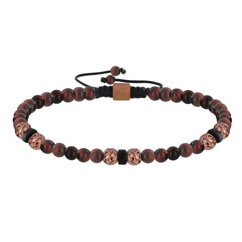 Bracelet Lien Homme Perles Rondes Acier Cuivré et Oeil de Tigre