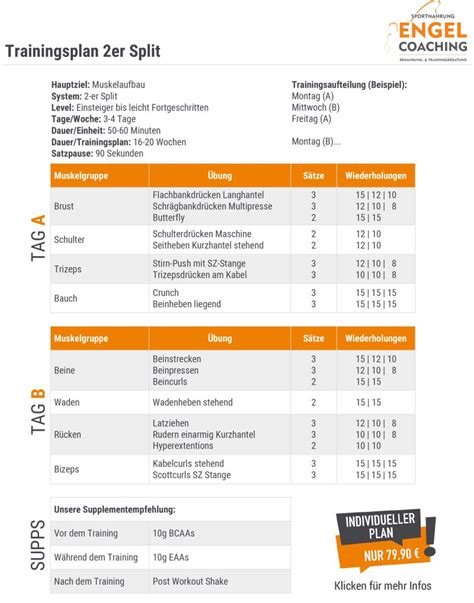 2er Split Trainingsplan im Bodybuilding Anfänger Trainingsplan