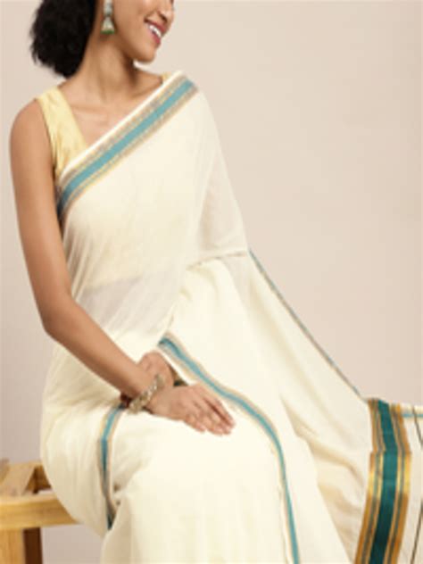 Buy Kalini White Green Zari Pure Cotton Kasavu Saree Sarees For