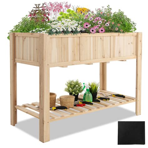 Gymax 47 Wooden Raised Garden Bed W Bottom Shelf And Bed Liner Outdoor