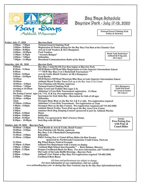 Ashland Bay Days | 2020 Schedule of Events