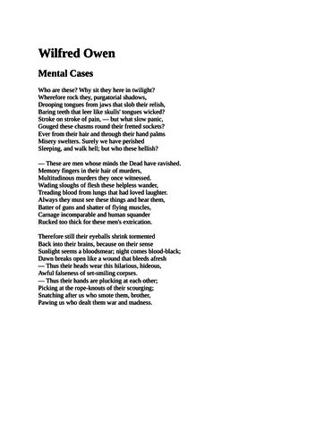 War poetry Wilfred Owen Mental Cases | Teaching Resources