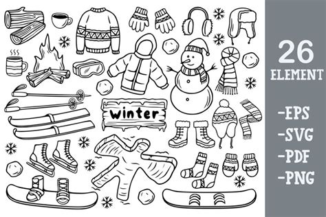 Winter line art doodles vector set. Editable illustrations