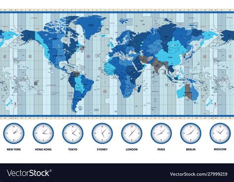 Standard Time Zones Of The World Map With Continents Separately Stock