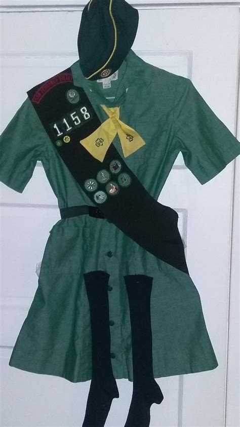 Vtg 1960s Complete Girl Scout Uniform Dress Sash Hat Tie Belt Socks