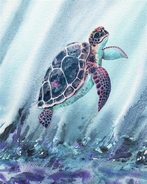 Watercolor Turtle In Deep Teal Blue Sea Painting by Irina Sztukowski - Pixels