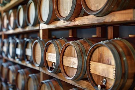 Rustic Wooden Wine Barrels Stacked In A Traditional Winery Cellar Stock