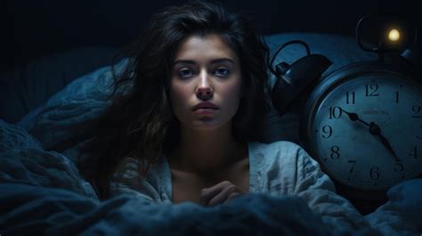 Premium Photo Young Woman In Bed With Alarm Clock In The Dark The