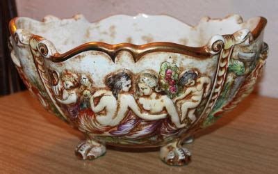 Vintage CAPODIMONTE Italy CHERUB NAKED Hand Colored HUGE BOWL Spectacular Antique Price Guide