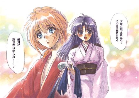 Safebooru Blue Eyes Blue Hair Blush Couple Female Himura Kenshin Japanese Clothes Kamiya Kaoru