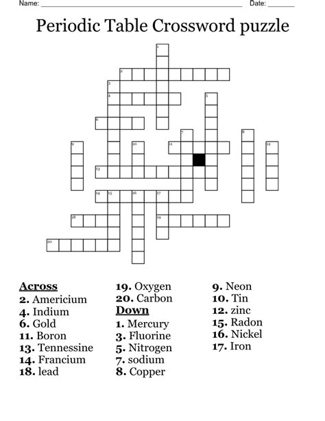 Periodic Table Crossword Puzzle WordMint