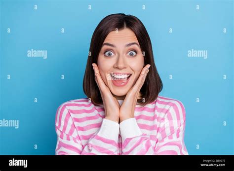 Photo Of Impressed Pretty Lady Dressed Pink Pullover Arms Cheeks Open