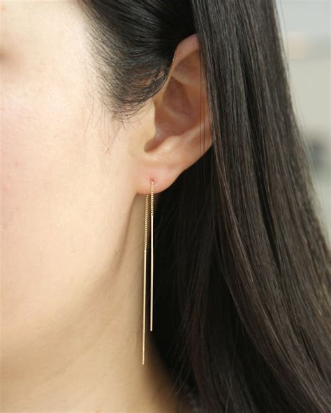 14K Solid Gold Threader Earrings 14K Long Threader Earrings Etsy