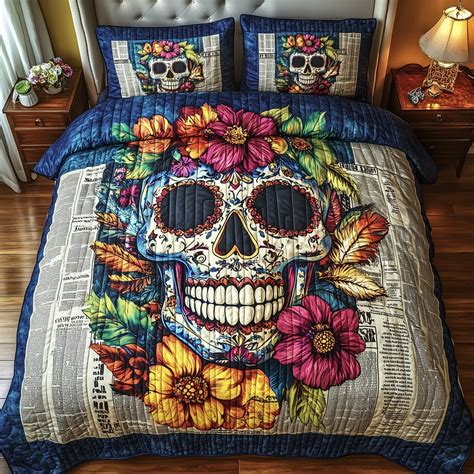 Floral Skull 3-Piece Quilted Bedding Set GFTOTP7549 – Patchique Store