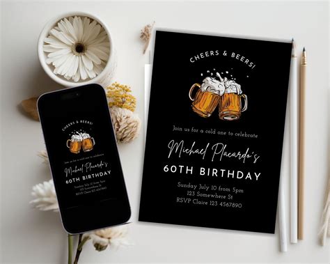 60th Birthday Invitation For Men Digital Download Cheers And Beers