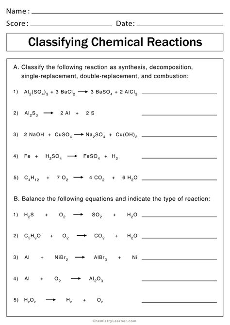 Chemical Reactions Types Of Reactions Worksheet