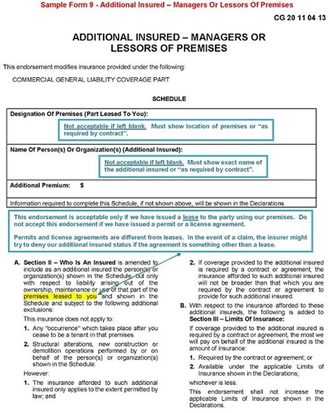 Sample Form 9 Additional Insured Managers Or Lessors Of Premises