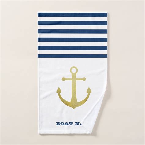 Nautical Boat Name Gold Anchor Navy Blue Striped Bath Towel Set Zazzle