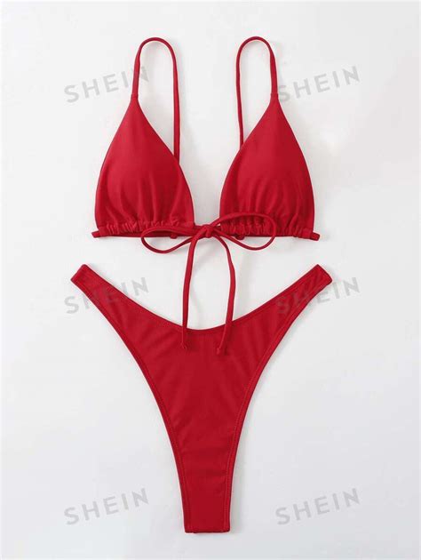 Shein Swim Summer Beach Solid Bikini Set Tie Front Triangle Bra And Thong