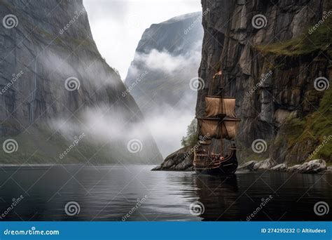 In The Mist Filled Fjord Viking Ship Sails Past Towering Cliffs Stock