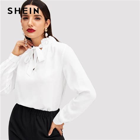 Shein White Office Lady Minimalist Frilled Tie Neck Long Sleeve Solid