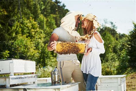 Two Beekeepers Works With Honeycomb Full Of Bees Outdoors At Sunny Day