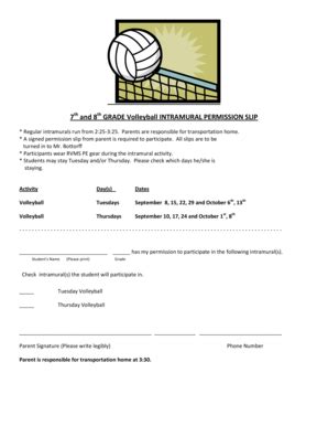 Fillable Online 7th And 8th GRADE Volleyball INTRAMURAL PERMISSION SLIP