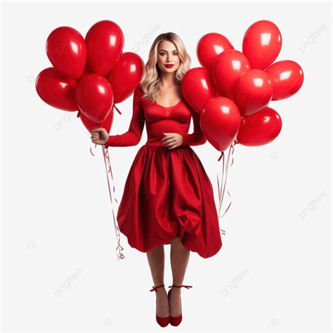 Blonde Girl In Red Dress Posing For Valentine S Day With Balloons Blonde Girl Blonde Pretty