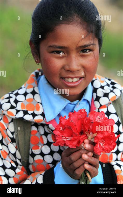 Nepali Girl With Rhododendron Flowers Nepal Himalaya Stock Photo Alamy