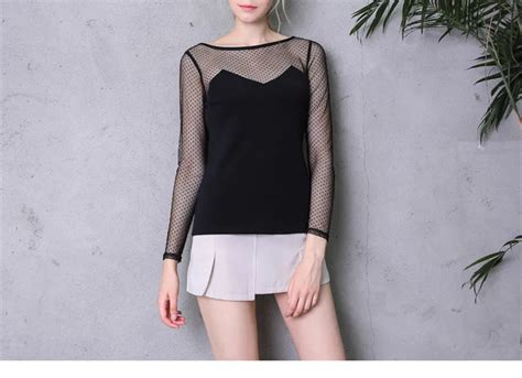 Women Shirt Sexy Hollow Lace Shirt Long Sleeve Mesh Bottoming Shirt Female Tumblr Plus Size Mesh